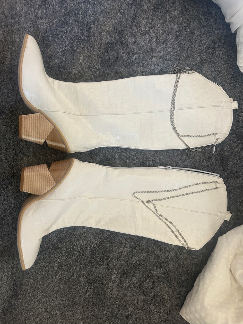 White Croc-Embossed Knee Boots with Chain Detail